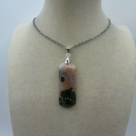 Long Rectangular Ocean Jasper Pendant on Stainless Steel Chain - Picture 3 of 8